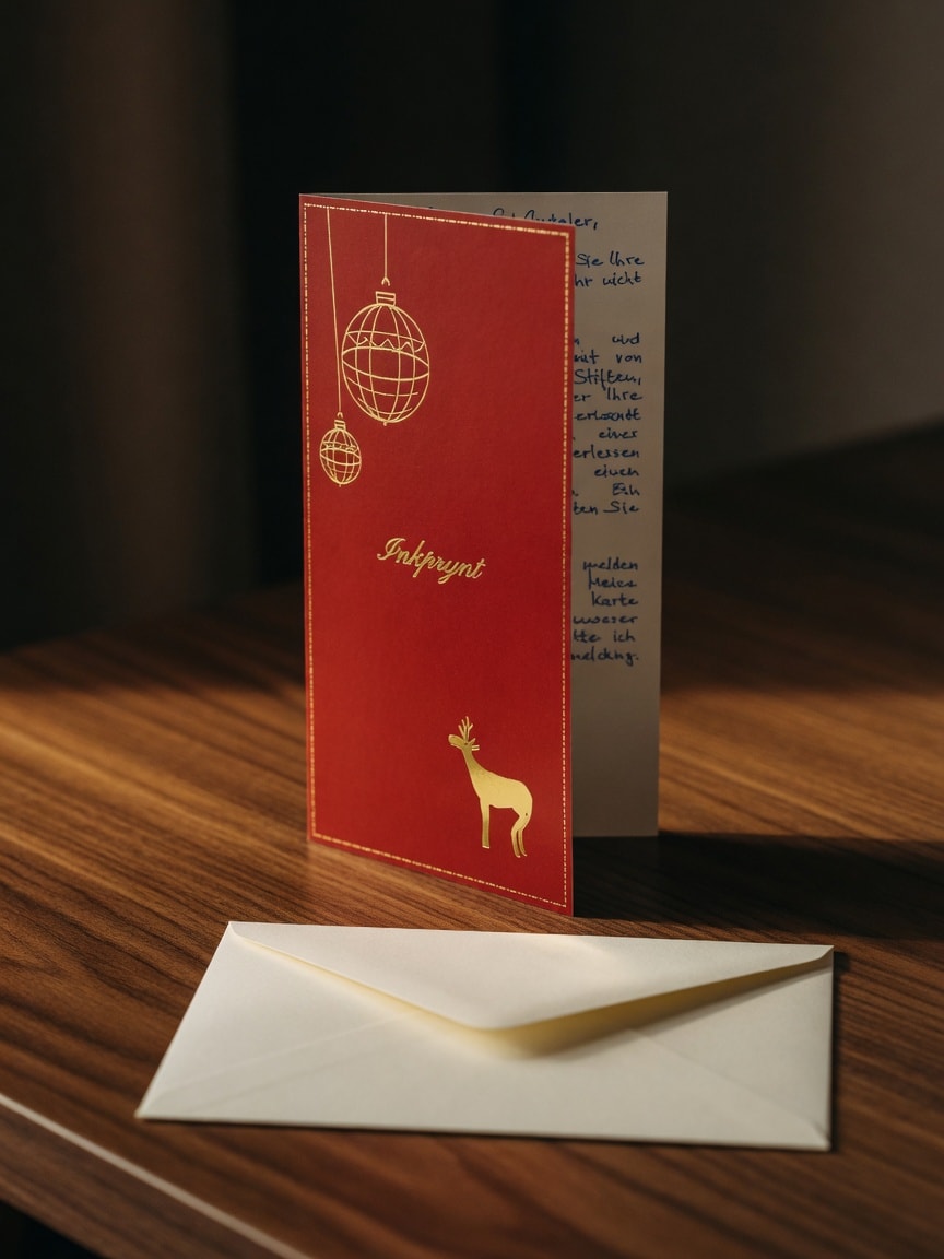 Eine rote Inkprynt-Weihnachtskarte mit Goldprägung steht aufgeschlagen auf einem Schreibtisch.